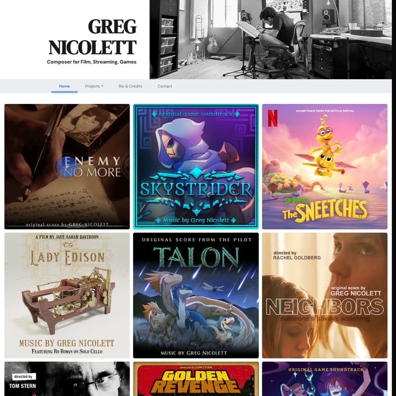 Greg Nicolett — composer website built with GigThreader