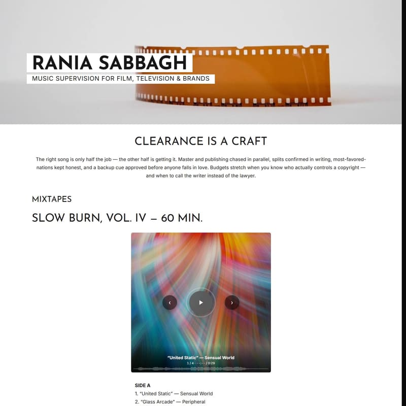 The Cue Sheet — a music supervisor portfolio template